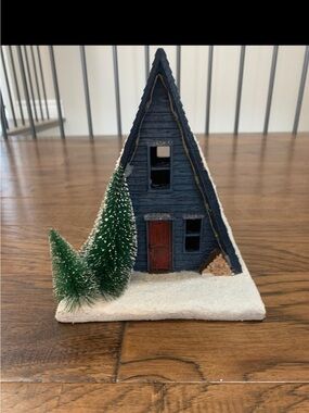 Navy A-Frame Holiday House Decoration with Green Trees